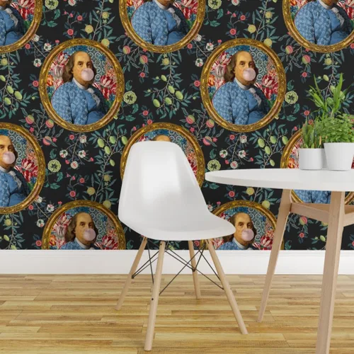 Miniatura 3 de Spoonflower Muestro de papel tapiz extraíble - Bubblegum Ben Franklin Presidente Floral Print Charcoal Novedad Papel pintado personalizado pre-pegado