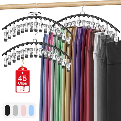 Paquete de 3 organizadores de leggings para colgar en el armario, perchas para pantalones con clips con capacidad para 45 leggings, pantalones Negro