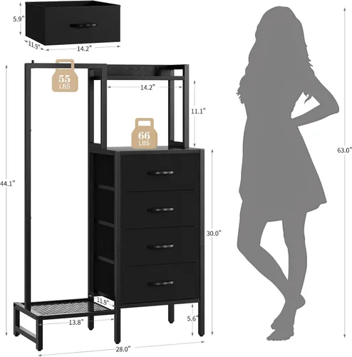 Miniatura 2 de Yoobure Cómoda negra con estante para colgar, armario pequeño con 4 cajones de almacenamiento de tela, cómoda de 44 pulgadas de alto con perchero