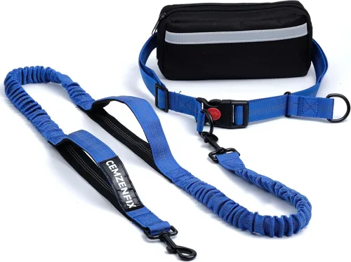 Miniatura 10 de Correa de perro manos libres con cinturón – Bungee sin tirones, asas acolchadas dobles y bolsa con cremallera para correr, caminar y entrenar