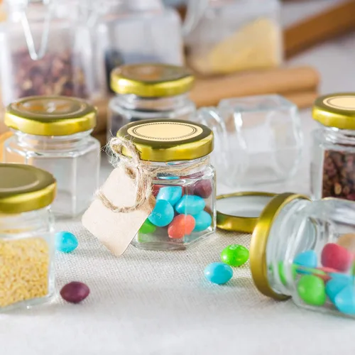 Miniatura 7 de Tarros hexagonales transparentes de 1.5 onzas, pequeños frascos de vidrio para miel con tapas (dorados), tarros Mason para hierbas, alimentos