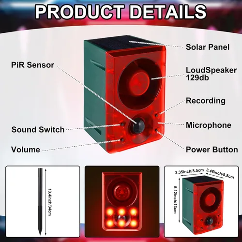 Miniatura 2 de Qualirey Alarma solar con sensor de movimiento para exteriores con sonido de disparo de estaca, 3 modos de grabación y volumen ajustable, carga USB