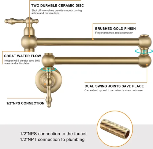 Miniatura 4 de WOWOW Grifo Llenador de Ollas Dorado, Grifo Plegable de Cobre de Montaje en Pared con 2 Manijas con Brazos Oscilantes de Doble Articulación, Grifo