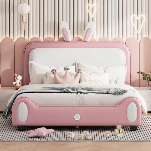 Miniatura 17 de Cama de plataforma tapizada de tamaño individual con cabecero en forma de oso y rayas de luz incrustadas, bonito marco de cama de plataforma
