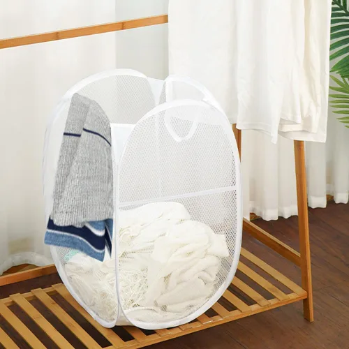 Miniatura 6 de Paquete de 2 cestas plegables de malla para la ropa sucia, cestas plegables para la ropa de baño, dormitorio universitario, viajes (blanco)
