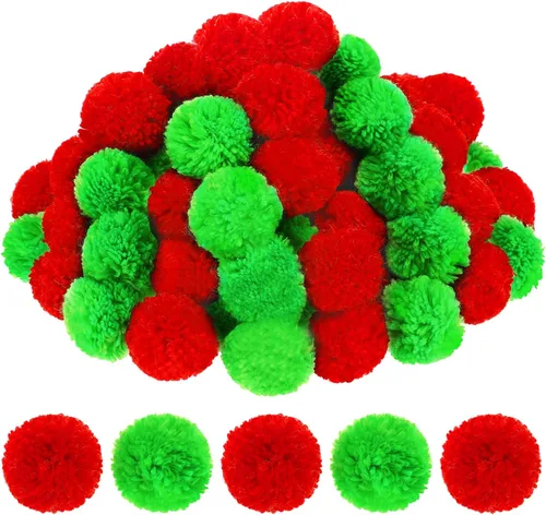 Janinka 80 pompones de Navidad de 2 pulgadas, para artes y manualidades, bolas grandes brillantes para adultos, decoración de Navidad (rojo, verde)