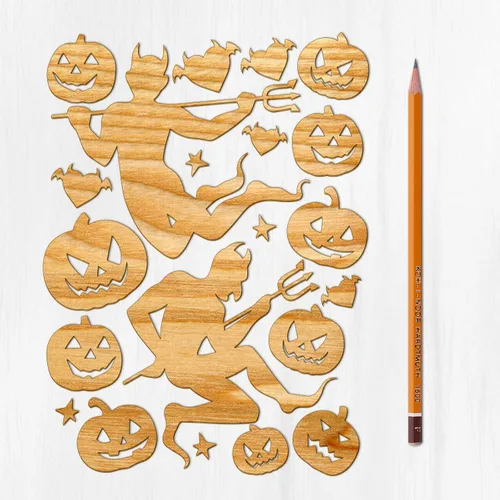 Miniatura 19 de Ajoure Fine Lasercut Embelishments # Lindas calabazas y árboles espeluznantes Halloween Vintage chapa madera contrachapada silueta para manualidades