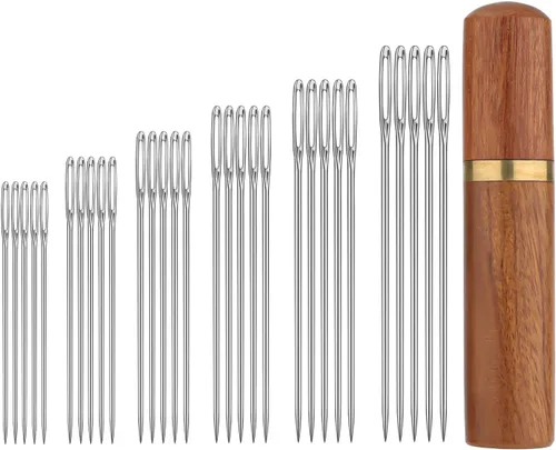 TOYMIS 30 agujas de coser de ojos grandes, 6 tamaños de agujas de tejer para bordar tapices con estuche de madera, acero inoxidable, marrón