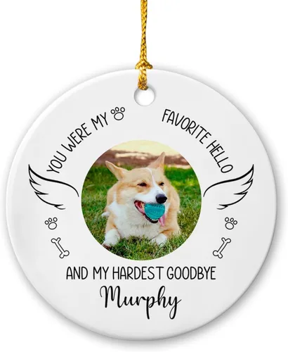 Miniatura 15 de Marco de fotos conmemorativo personalizado para mascotas, adorno de Navidad 2025, Un pedazo de mi corazón vive en el cielo, adorno de cerámica