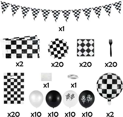 Miniatura 2 de BeYumi Paquete de 127 suministros de decoración para fiestas de autos de carreras, incluye banderines, globos, mantel, vajilla, bolsas de regalo