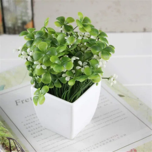 Trébol cuadrado pequeño de cuatro hojas + flor (blanco) planta falsa en maceta artificial Bonsái Planta de plástico para el hogar, baño, hogar,