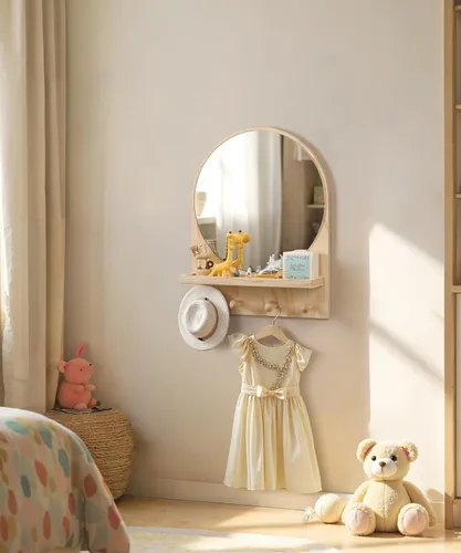 Miniatura 4 de Maxpeuvon Espejo de guardería, espejo circular bohemio para montaje en pared, estante de madera natural, arco colgante, decoración de pared moderna