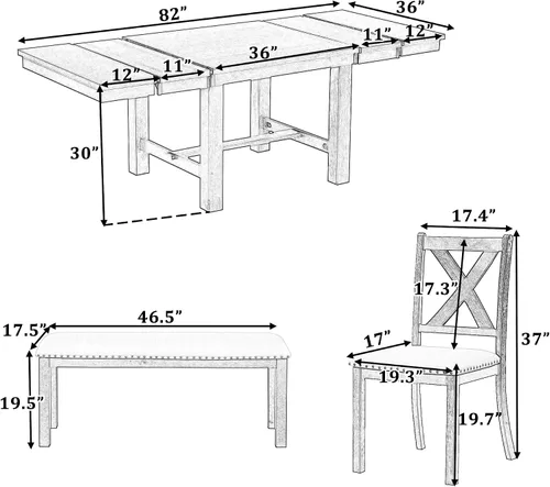 Miniatura 2 de RuiSiSi 6 Piece Solid Wood Dining Table Set, Farmhouse Extendable Kitchen Table with a Bench and 4 Padded Chairs, 4-6 Dining Table Set with Bench
