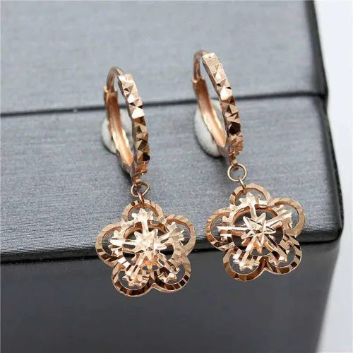 SAGEKING 2024 New 585 Purple Gold Plated 14K Rose Gold Openwork Double Sided Flower Snowflake Earrings For Women Fashion Ear Buckle Charm Jewelry