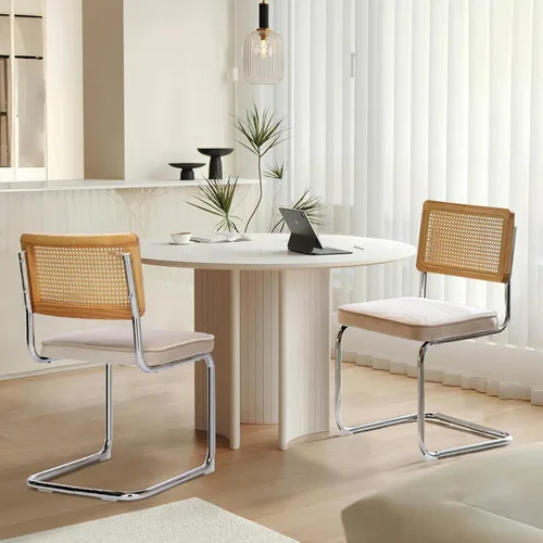 Juego de 2 sillas de comedor de ratán, sillas de comedor modernas tapizadas de mediados de siglo con respaldo de caña, sillas de cocina de Beige