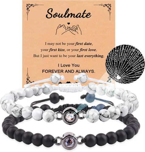 XAOUS I Love You - Pulseras para parejas con proyección en 100 idiomas, cristal curativo, ágata negra, turquesa blanca, pulseras a juego para novio,