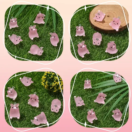 Miniatura 3 de 36 dijes luminosos de cerdo de resina que brillan en la oscuridad, mini colgantes de cerdo rosa, lindos dijes de animales para pulseras, collares