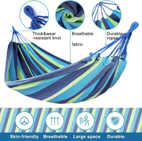 Miniatura 3 de Windyun 2 juegos de hamacas de lona de algodón, hamaca doble grande de 400 libras, hamacas portátiles para acampar para exteriores con bolsa de Azul