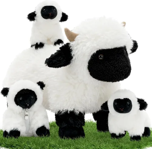 Miniatura 12 de Tezituor Juego de 5 Animales de Peluche de Cordero, Peluche Grande de Oveja Mamá de 20 Pulgadas con 4 Lindos Bebés Cordero, Almohada de Felpa
