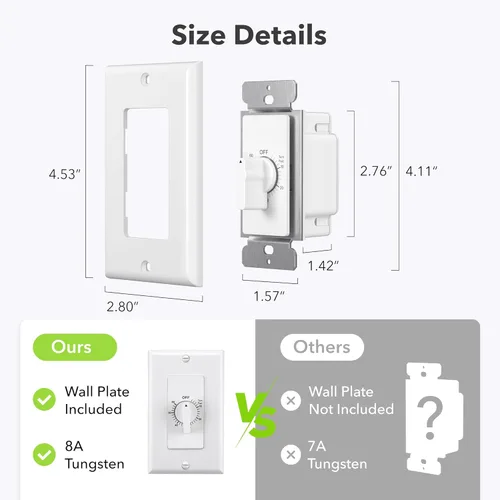 Miniatura 6 de BN-LINK Temporizador de cuenta regresiva de 60 minutos en la pared, interruptor mecánico, para ventilador de baño, temporizador de luces, 2 placas