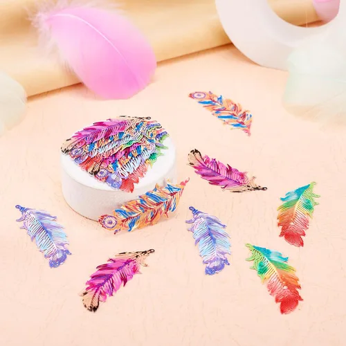 Miniatura 2 de FASHEWELRY 16 dijes de plumas de arco iris de acero inoxidable con alas de filigrana, adornos de metal de 4 colores para hacer joyas, pulseras