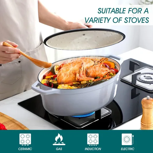 Miniatura 3 de vancasso Horno holandés de hierro fundido esmaltado, olla holandesa de 9.3 cuartos de galón con tapa, olla ovalada de hierro fundido con Gris