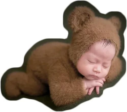 Miniatura 9 de Zeroest Accesorios de fotografía para recién nacidos, trajes de niño, accesorios para fotos de oso y niña, gorro con pies, mameluco de manga Marrón