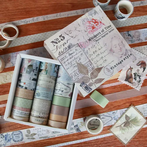 Miniatura 6 de Juego de 20 rollos de cinta washi vintage y 30 piezas de calcomanías para sellos de plantas de animales y naturaleza, cinta adhesiva estética