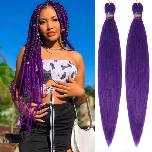 Miniatura 9 de Extensiones de cabello para trenzar verde+verde claro, preestiradas, 2 paquetes, con cabello plumoso pre-trenzado, extensiones de cabello