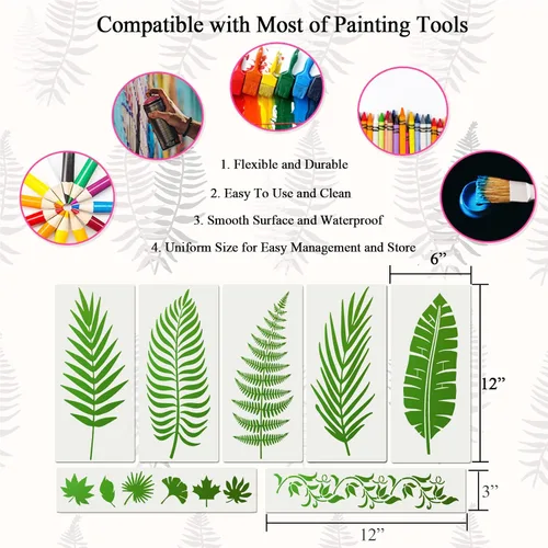 Miniatura 5 de 11 plantillas de hojas grandes de 12 x 6 pulgadas, plantillas de hojas de helecho de palma para pintar en paredes, plantas tropicales de naturaleza