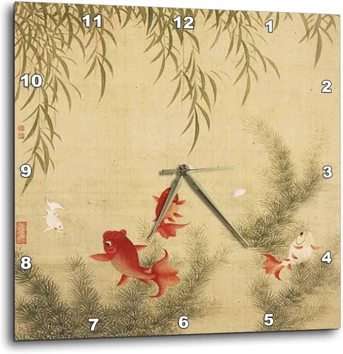 3dRose Reloj de pared silencioso - 15 pulgadas - Imagen de tapiz de oro chino con pez Koi - Arte de lentes por Florene - Tapices del mundo