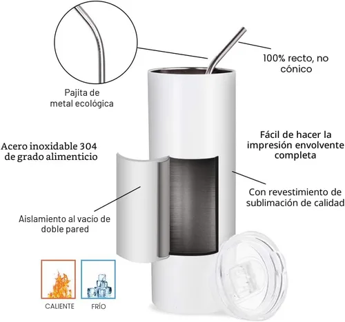 Miniatura 3 de PYD Life Vaso de sublimación en blanco delgado de 20 onzas, acero inoxidable recto con popote de metal para tazas, vasos, máquina de prensa