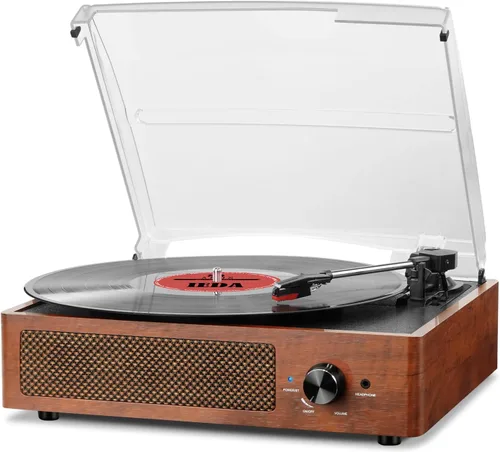 Tocadiscos de vinilo con receptor Bluetooth integrado y 2 altavoces estéreo, 3 velocidades y 3 tamaños, tocadiscos retro portátil para Naranja