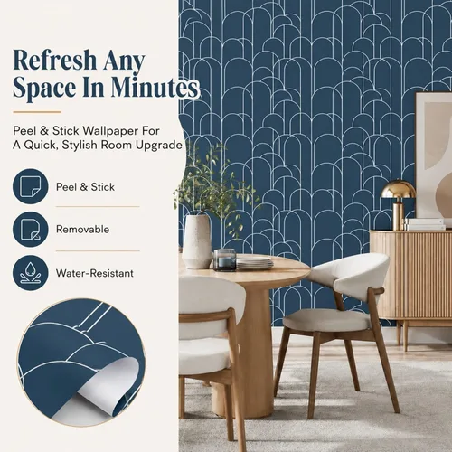 Miniatura 2 de LXCREAT Papel tapiz azul despegar y pegar, papel tapiz geométrico moderno, 17.71 in X 118 in, papel de contacto autoadhesivo removible mate, fácil