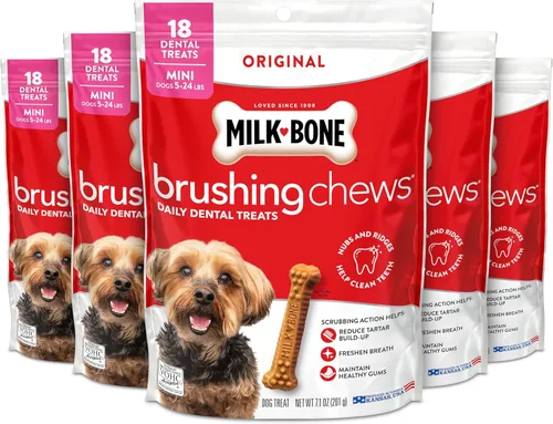Milk-Bone Original Brushing Chews, 18 mini golosinas dentales diarias para perros (paquete de 5)
