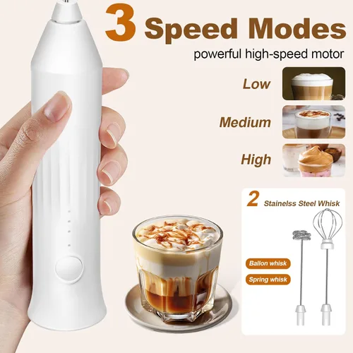 Miniatura 3 de Espumador de leche recargable de mano, varita espumadora eléctrica con 2 batidores de acero inoxidable y 3 velocidades, mezclador de bebidas de mano