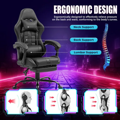Miniatura 4 de Silla de masaje para juegos con reposapiés, silla ergonómica de PC con respaldo alto con reposacabezas y lumbar, silla giratoria de PU para Negro