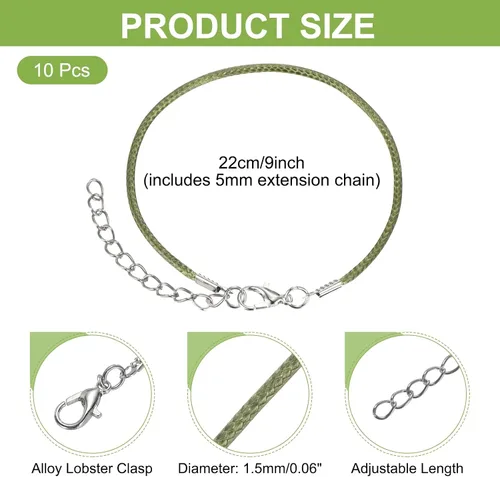 Miniatura 2 de MECCANIXITY 10 cordones de pulsera verde militar, pulsera de amistad ajustable de 9 pulgadas, cordón de poliéster encerado de 0.059 in con cierre