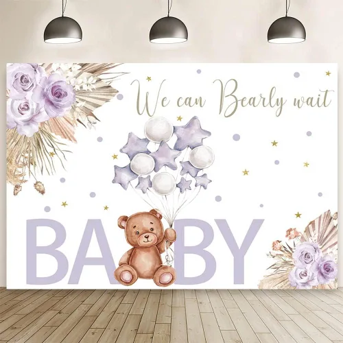 Miniatura 9 de AIBIIN Telón de fondo azul de 7 x 5 pies para baby shower, con texto en inglés "We Can Bearly Wait", fondo de fotografía, bohemio, floral, baby