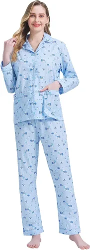 Miniatura 5 de Amaxer Conjunto de pijama 100% algodón para mujer, de manga larga, suave, con botones, con cordón elástico