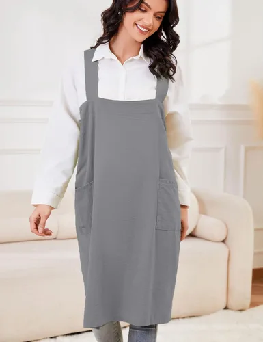 Miniatura 2 de Schine Pinafore de algodón con espalda cruzada para mujer, con bolsillos grandes, prácticos delantales para trabajos de jardinería, cocina, Gris