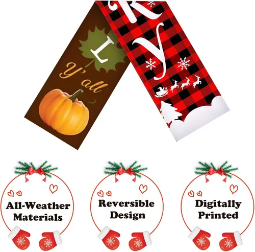 Miniatura 5 de Cartel reversible de Navidad y Acción de Gracias de 3 piezas, cartel de porche de Feliz Navidad y cosecha de otoño, cartel colgante a cuadros