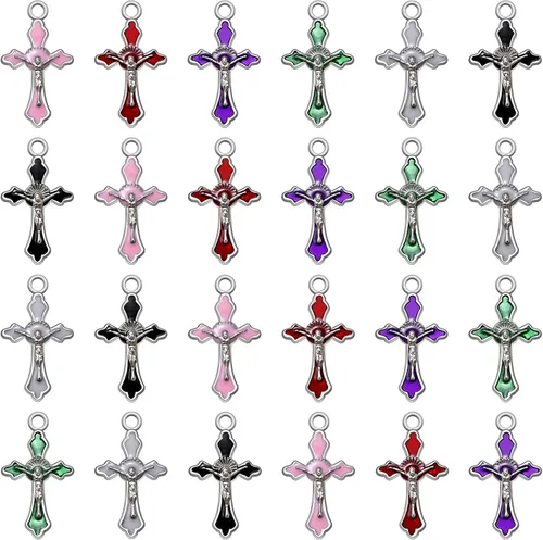60 dijes de cruz de rosario esmaltados de aleación de 6 colores, dijes de cruz pequeña de Jesús, colgantes de crucifijo de Jesús, cuentas para hacer