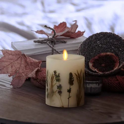 Miniatura 6 de Luminara Vela de pilar de llama artificial realista con inclusión de lavanda y romero - Luces LED de llama móvil a pilas - Listo para control remoto