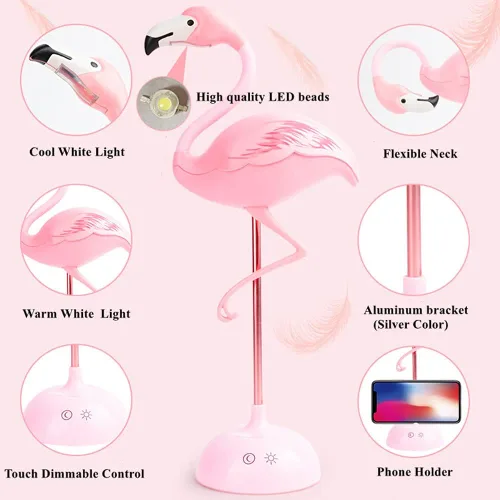 Miniatura 3 de Fantasee Lámpara de escritorio de flamenco, lámpara de mesita de noche USB, luz nocturna táctil regulable para niños, niños, estudiantes