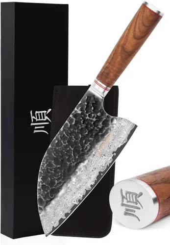 YOUSUNLONG Cuchilla híbrida resistente para carne al aire libre, 8 pulgadas, Damasco martillado natural de madera de nogal con cuero Nuez
