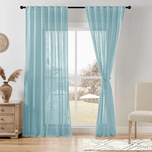 Miniatura 35 de DWCN Cortinas traslúcidas de lino floral, bolsillo para barra y pestaña trasera, cortina de mezcla de lino para dormitorio, sala de estar, cortinas