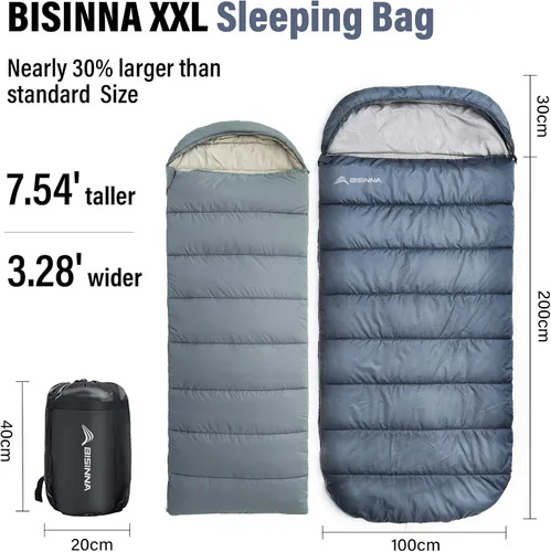 Miniatura 2 de BISINNA Saco de dormir XXL (90.55 x 39.37 pulgadas) para adultos grandes y altos, 3-4 estaciones, tamaño grande, cálido y cómodo, impermeable