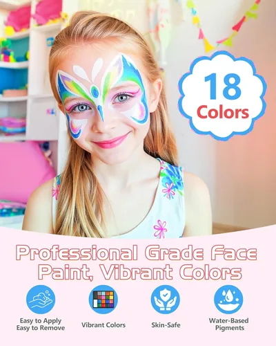 Miniatura 3 de Lictin Pintura Facial a Base de Agua - Kit de Pintura Facial de 18 Colores con Plantillas y Brochas, Kit de Maquillaje de Halloween para Adultos