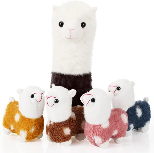 Civaner Animal de peluche de llama con 4 peluches de llama bebé, lindo juego de peluche de alpaca suave Kawaii para niños y niñas, graduación, Marrón